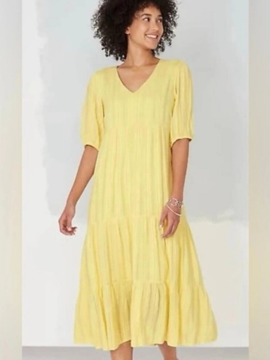 J. Jill Dresses & Skirts - NWT J. Jill Pineapple Yellow V-Neck Tiered Midi Dress Sz M